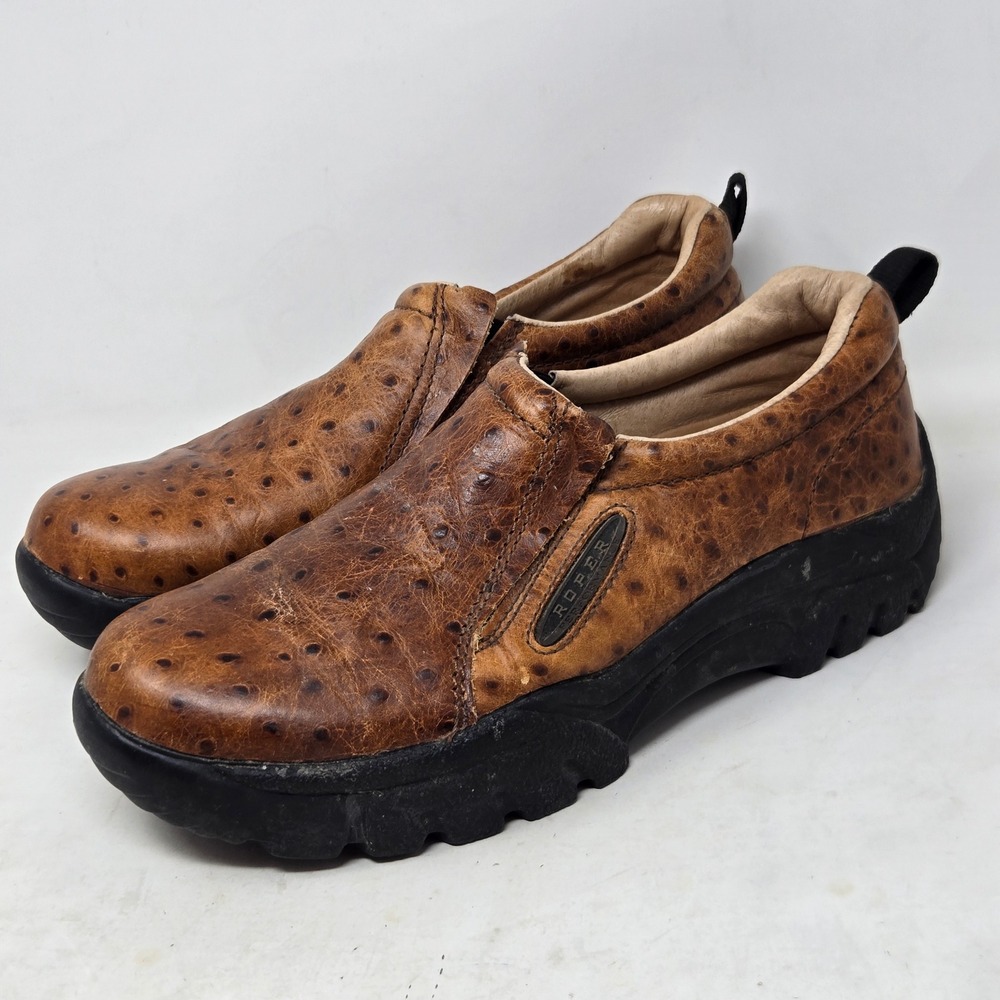 Roper Performance Mens 9.5 Ostrich Print Leather Slip On Shoes Brown 09-020-0601 - Picture 5 of 9